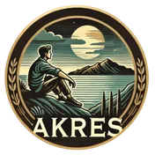 The Akres emblem: a young man sitting on a rock, looking out over the sea toward mountains, with the moon above